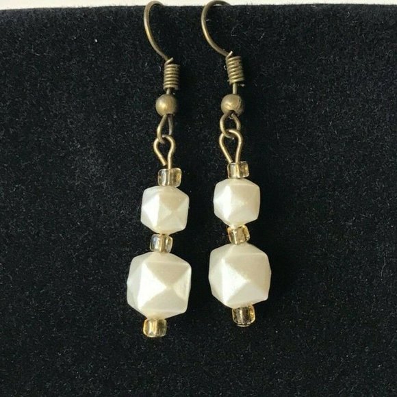 Vintage Cream White Bead Earrings MCM Upcycled 60's Geometric Beads Gold Plated - Picture 2 of 10